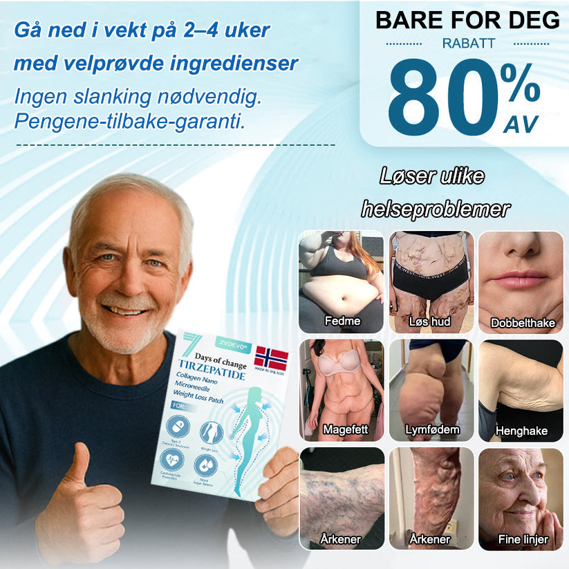 ⚖️🐙【Siste dags tilbud -60 %🌟】🌈🌈ZVOEVO® SMGT-GLP-1 Tirzenti & Kollagen Nano-Mikronål Slankepatch丨Rettet mot fedme, slapp hud, høyt blodtrykk, diabetes, fettlever, leddsmerter og tretthet